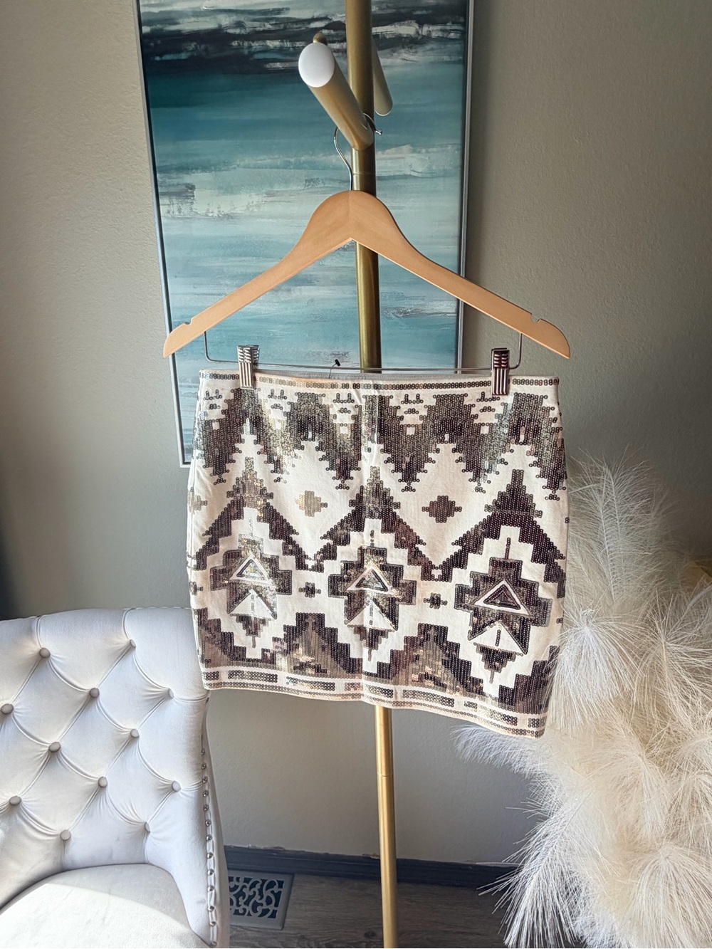 Express Sequin Mini Skirt White Silver Taupe Aztec Geometric Size M Party